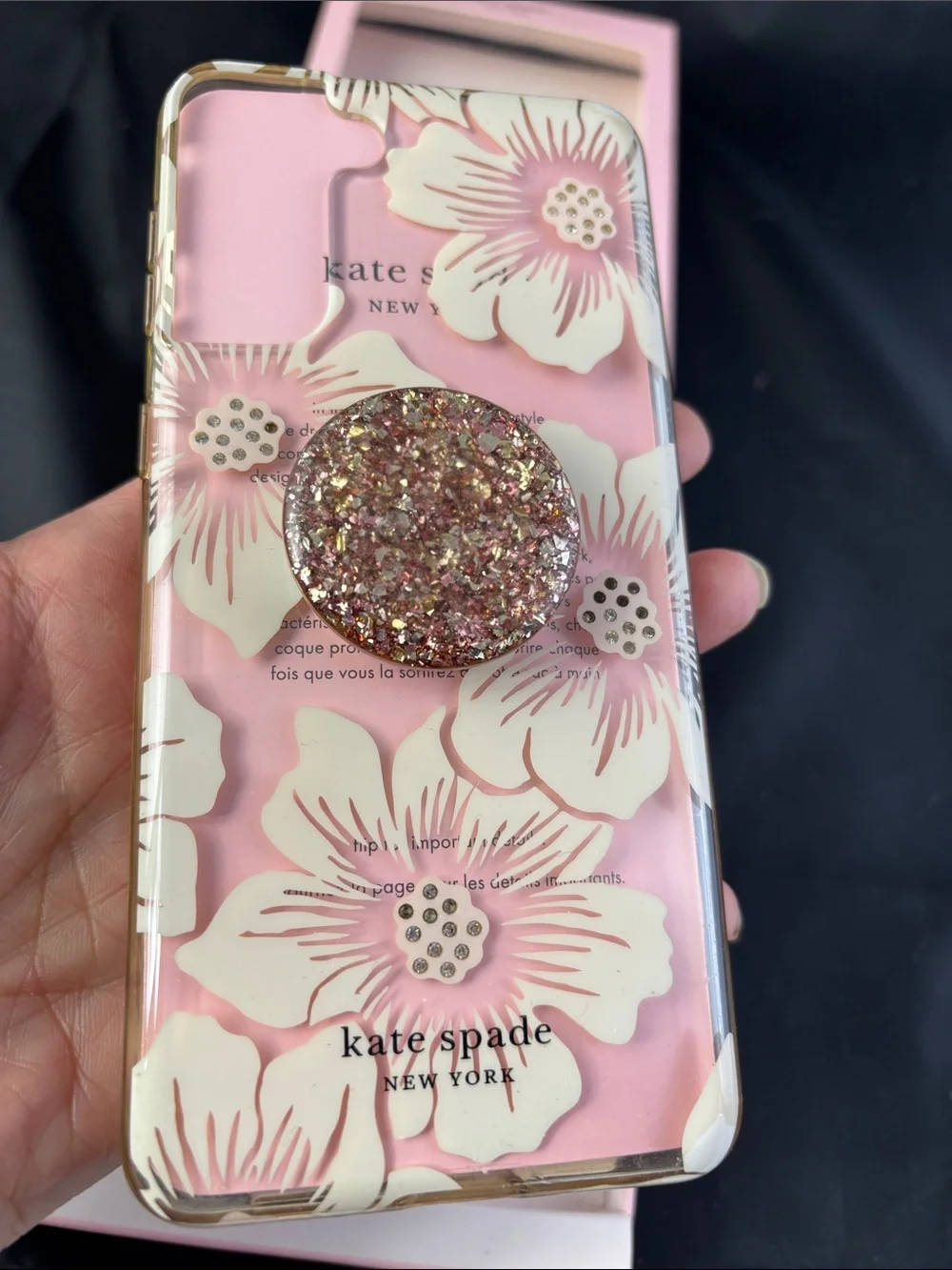 kate spade Pink Floral Hardshell Case with Glitter Pop Socket